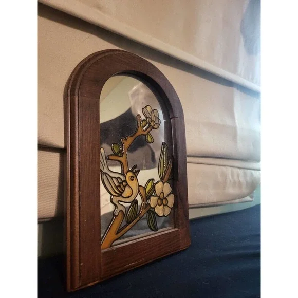 Small Enamel Bird Scence Wooden Framed Mirror "8.5in" Height